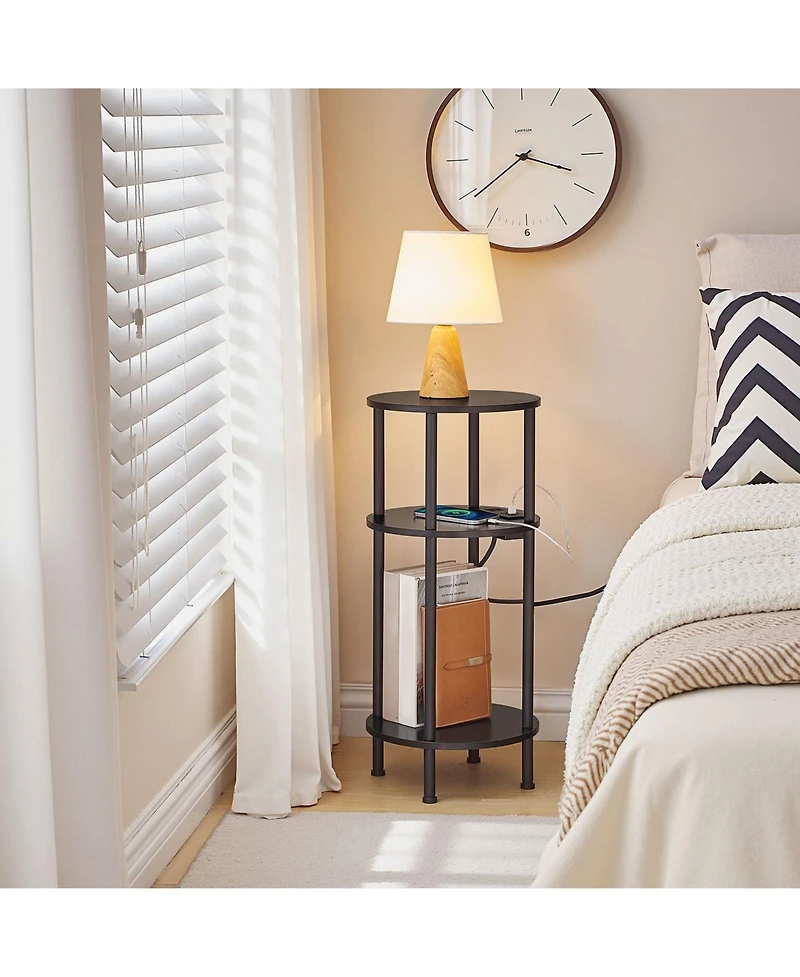 Slickblue Small Round End Table with 3-Tier Storage and Charging Station and Usb Ports