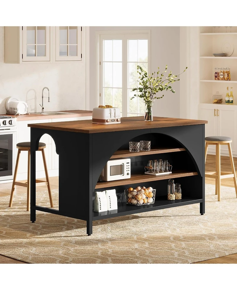Tribesigns Kitchen Island with 3 Storage Shelves Kitchen Shelf With Large Countertop And Seating Area Modern Wooden Coffee Bar Table