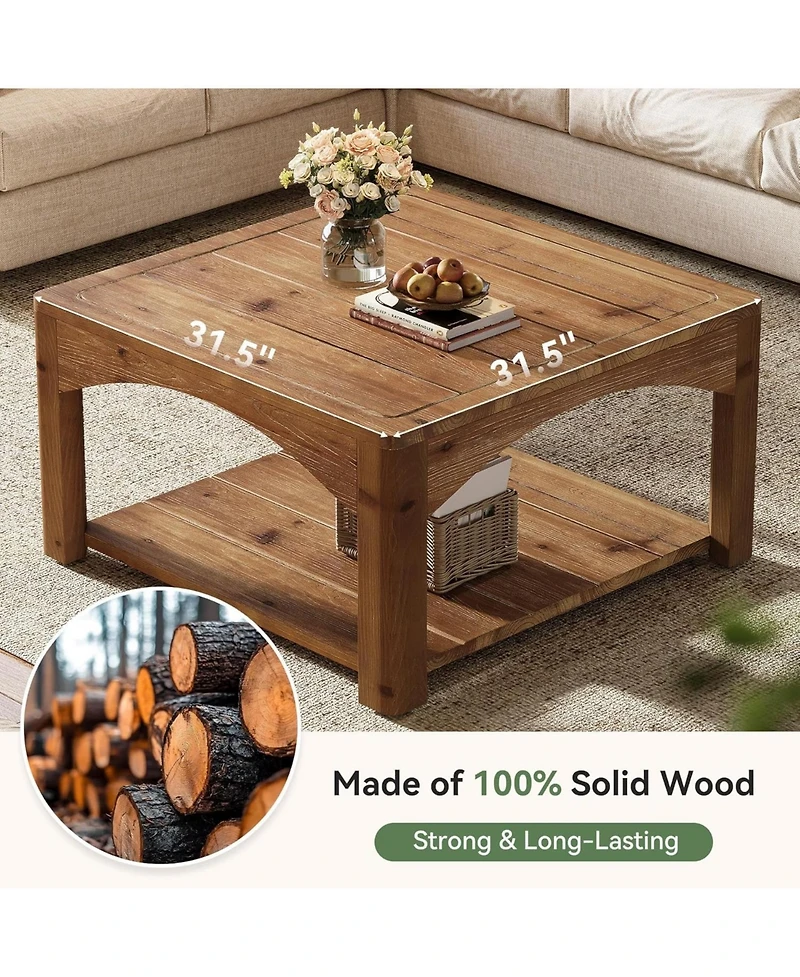 Tribesigns Square Coffee Table, 31.5" Solid Wood Coffee Table, 2-Tier Center Table for Living Room