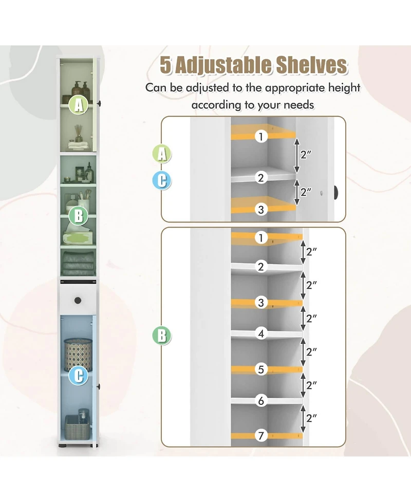 Costway Slim Bathroom Tall Cabinet with 2 Doors, 1 Drawer and 5 Adjustable Shelves for Home