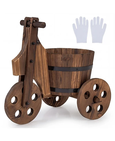Gymax Rustic Wood Tricycle Planter with Barrel Pot and Drainage for Patio Balcony Garden