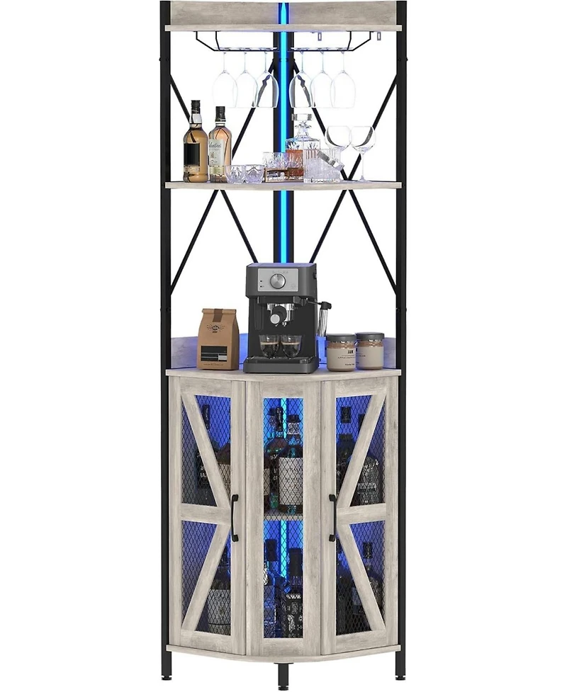 gaomon 72" Industrial Corner Wine Cabinet Built-in Power Outlet and Led Strip, Mesh Door with Glass Holder, 5-Tier Bar Display for Home or Small Space