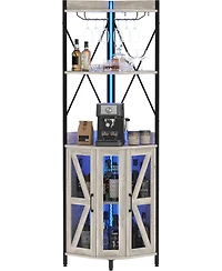 gaomon 72" Industrial Corner Wine Cabinet Built-in Power Outlet and Led Strip, Mesh Door with Glass Holder, 5-Tier Bar Display for Home or Small Space