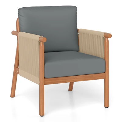 Costway Patio Acacia Wood Chair with Woven Rope Armrests and Seat Back Cushions for Backyard