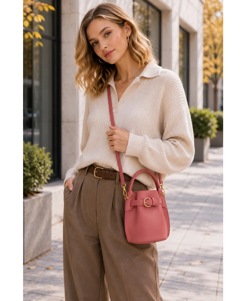 Susu Blair Leather Small Bucket Bag Women's Crossbody Purse with Belt Drawstring