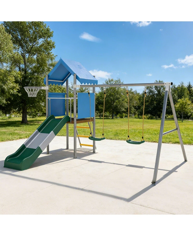 homfan 112 x 110 x 97 Inch Galvanized Steel and Pe Outdoor Kids Treehouse Swing and Slides Playset with 2 Straight Swings