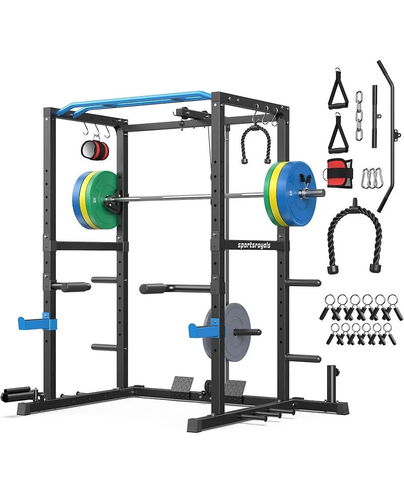 Fed Fitness Power Rack Cage with Weight Plates and 7FT Olympic Barbell, All-in-One Home Gym Squat Workout Station Pulley System