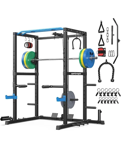 Fed Fitness Power Rack Cage with Weight Plates and 7FT Olympic Barbell, All-in-One Home Gym Squat Workout Station Pulley System