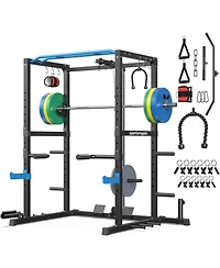 Fed Fitness Power Rack Cage with Weight Plates and 7FT Olympic Barbell, All-in-One Home Gym Squat Workout Station Pulley System