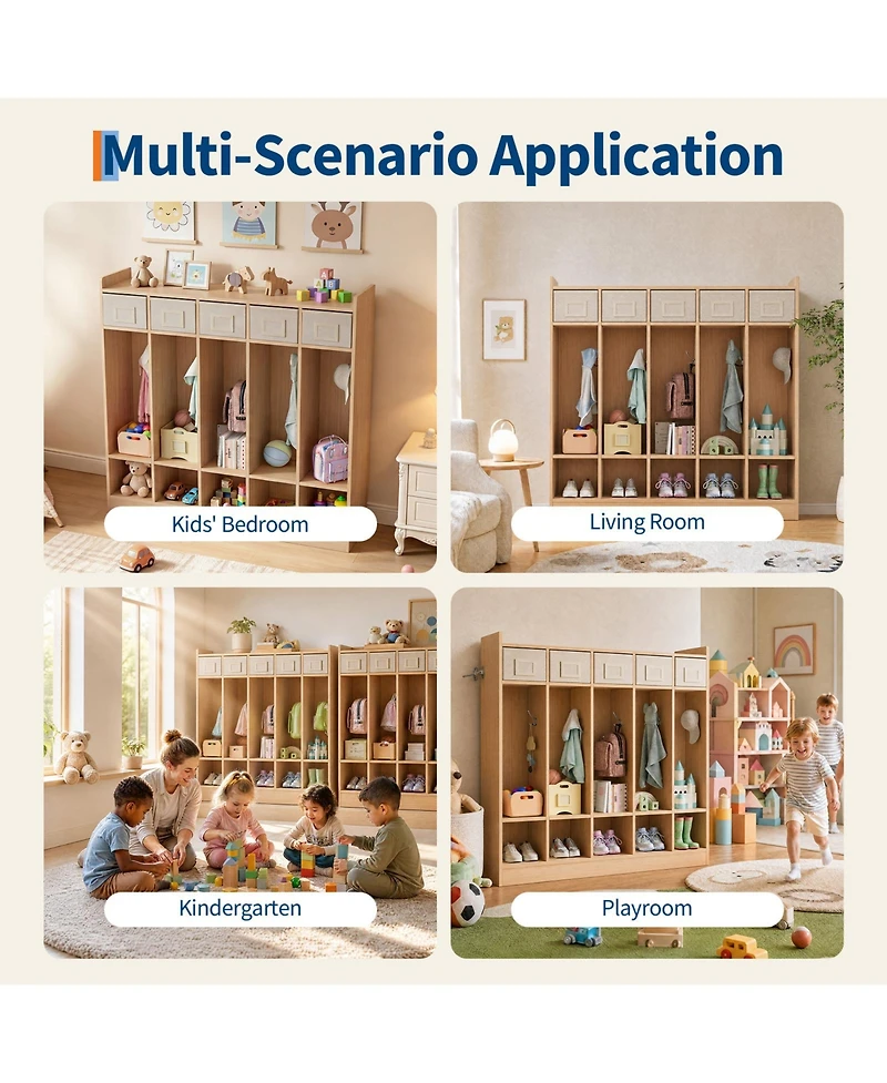 5-compartment coat locker, daycare storage cabinet fitted with 5 double hooks and 5 storage bins, ideal for home and school use