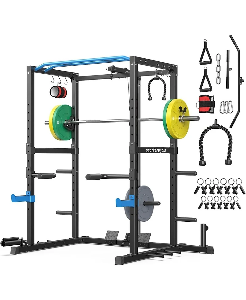 Fed Fitness Power Rack Cage with 140LB Weight Plates and 7FT Olympic Barbell, All-in-One Home Gym Squat Workout Station Pulley System