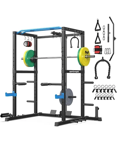 Fed Fitness Power Rack Cage with 140LB Weight Plates and 7FT Olympic Barbell, All-in-One Home Gym Squat Workout Station Pulley System