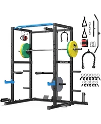 Fed Fitness Power Rack Cage with 140LB Weight Plates and 7FT Olympic Barbell, All-in-One Home Gym Squat Workout Station Pulley System