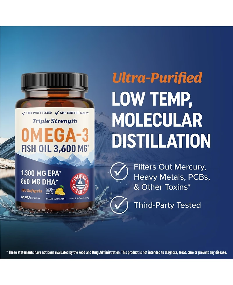 Triple Strength Omega 3 Fish Oil Softgels, Essential Fatty Acids for Healthy Heart Support, Premium Burpless Softgel Supplements, Mav Nutrition, 180ct