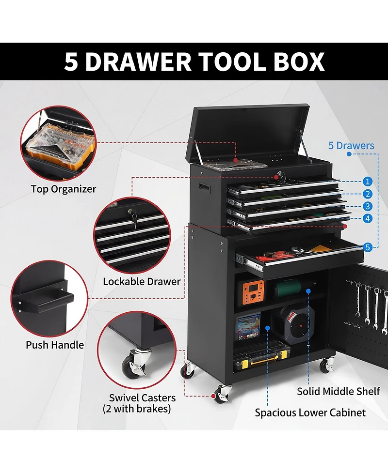 2-in-1 Tool Storage Cabinet: A lockable, -drawer metal tool cart on casters. Features a removable top toolbox, protective lining