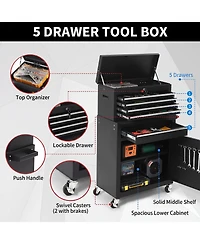 2-in-1 Tool Storage Cabinet: A lockable, -drawer metal tool cart on casters. Features a removable top toolbox, protective lining