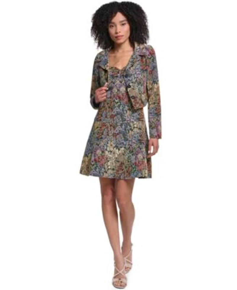 Karl Lagerfeld Paris Womens Floral Tapestry Fit Flare Dress Tapestry Jacket