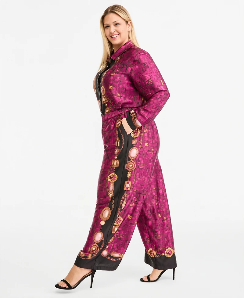 Karl Lagerfeld Paris Plus Gemstone Pull-On Wide-Leg Satin Pants
