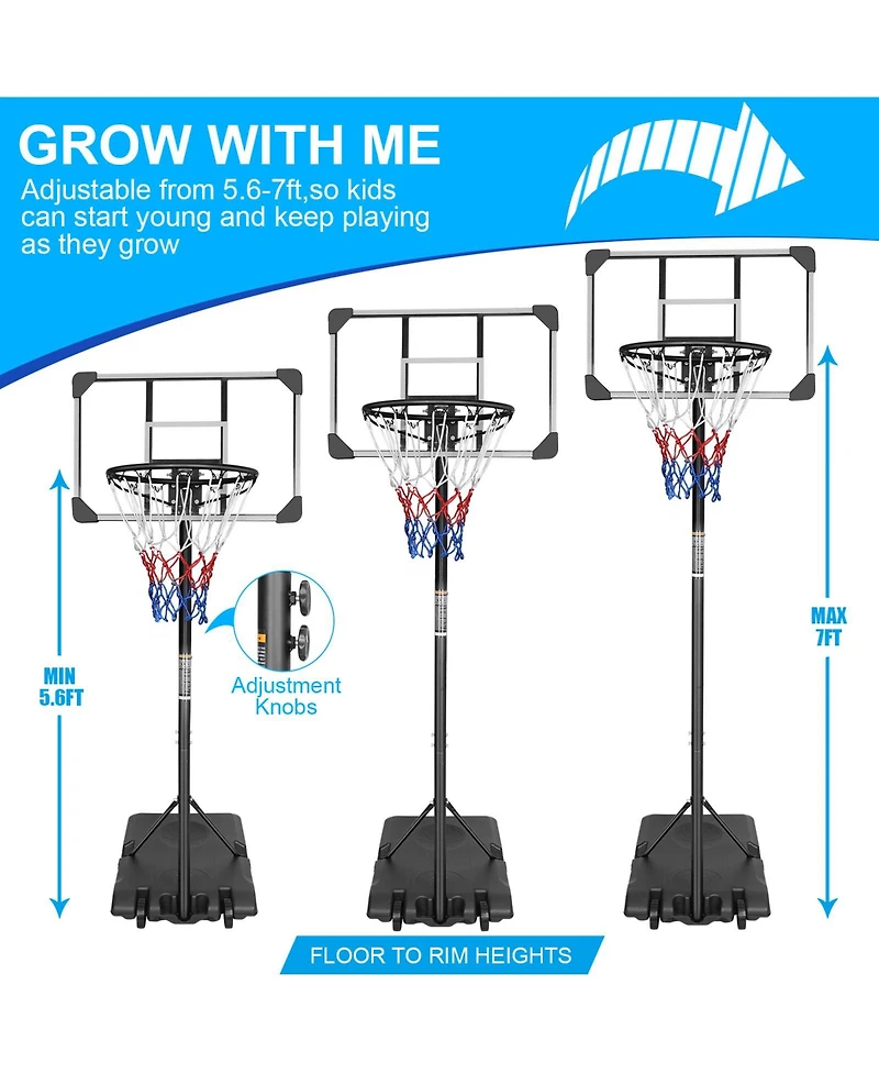 Zeny Portable Basketball Goal System with Stable Base and Wheels, use for Indoor Outdoor teenagers youth height adjustable 5.6 to 7ft Hoop