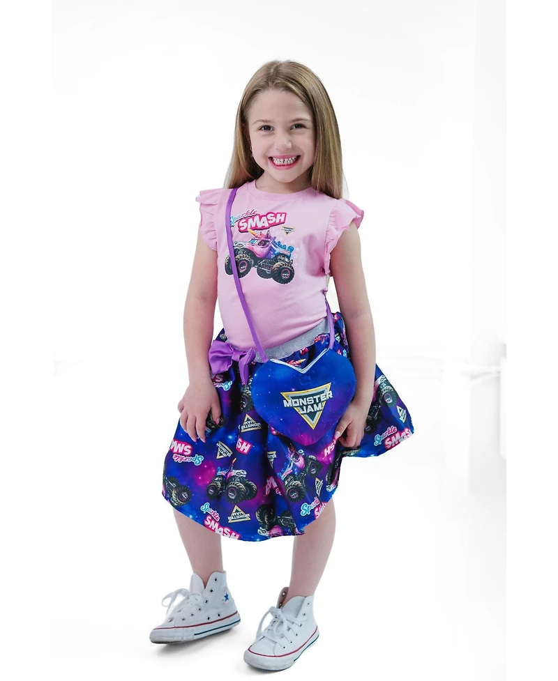Monster Jam Sparkle Smash Girls' (5 - 12) Shirt and Skirt Set with Bag