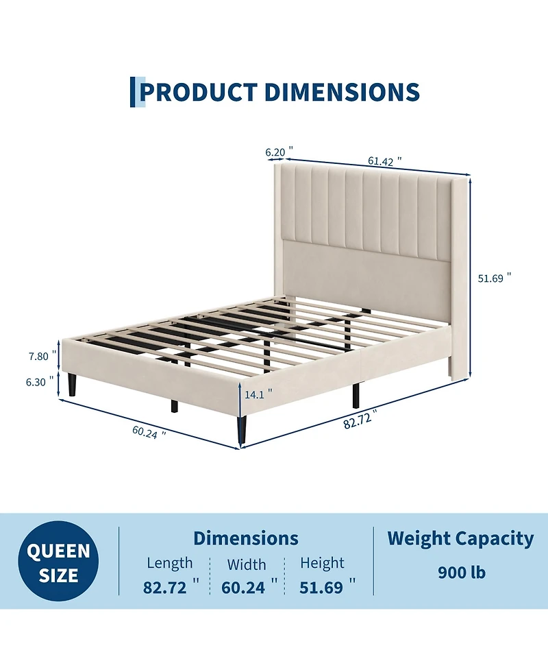 homfan Upholstered Platform Bed Frame - 52" Velvet Tufted Wingback Headboard, Vertical Channel Design, Wooden Slat Support