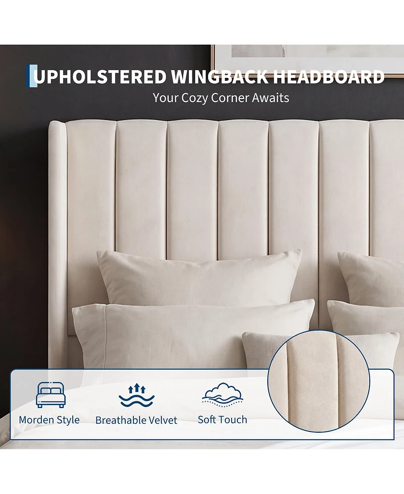 homfan Upholstered Platform Bed Frame - 52" Velvet Tufted Wingback Headboard, Vertical Channel Design, Wooden Slat Support
