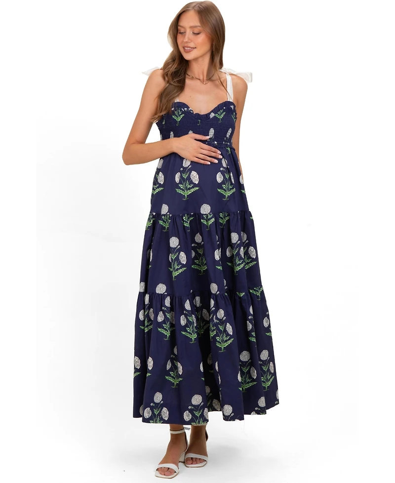 Pinkblush Women's Navy Floral Sweetheart Neckline Smocked Maxi Dress