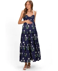 Pinkblush Women's Navy Floral Sweetheart Neckline Smocked Maxi Dress