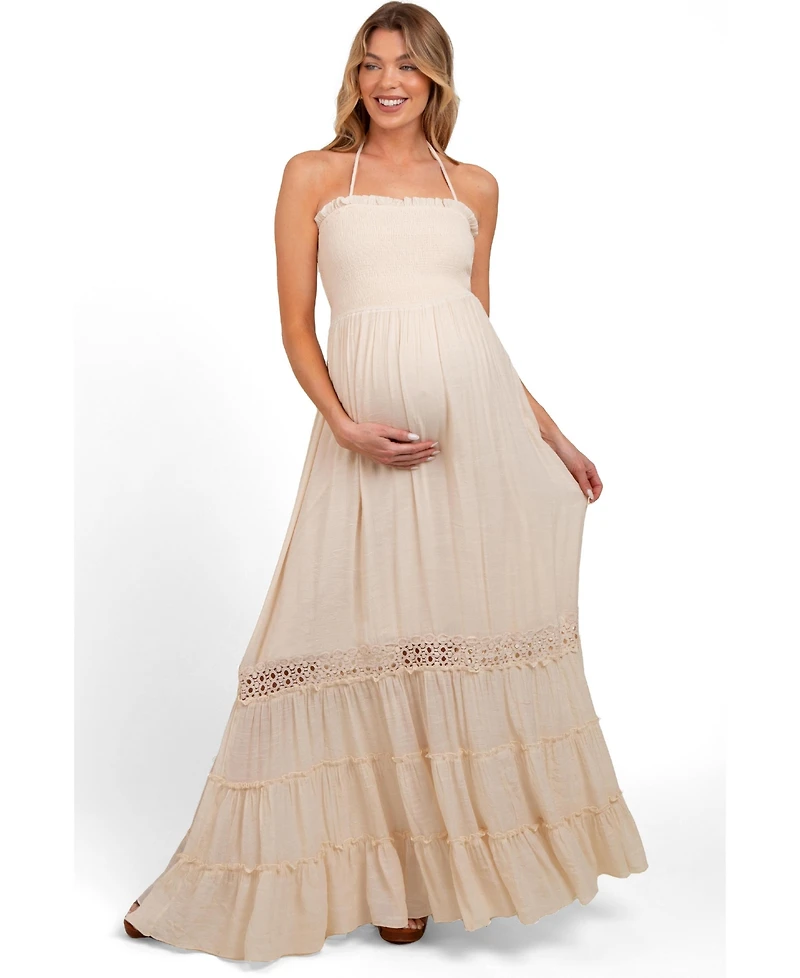 Pinkblush Women's Cream Smocked Open Back Maxi Dress