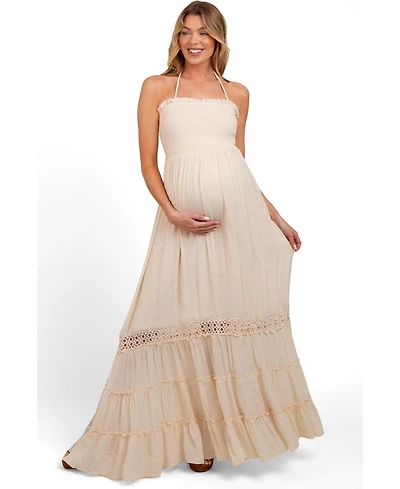 Pinkblush Women's Cream Smocked Open Back Maxi Dress