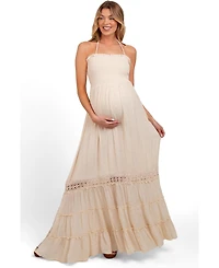 Pinkblush Women's Cream Smocked Open Back Maxi Dress