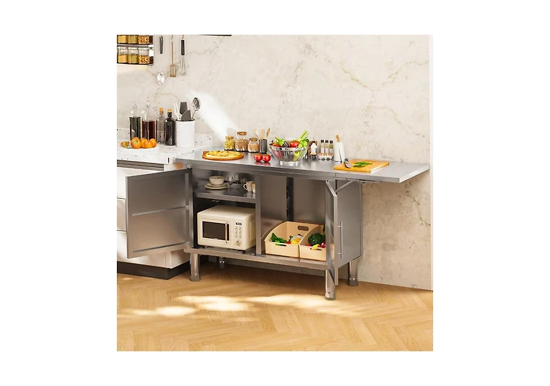 Aecojoy Stainless Steel Kitchen Cabinets, 57"x19.7" Commercial Worktable with Extend Panel and Adjustable Shelf