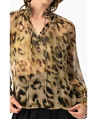 Ivonne Women's Sheer Chiffon Tie-Neck Blouse Abstract Animal Print