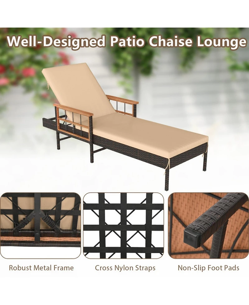 Sugift Patio Rattan Chaise Lounge with 4-Level Adjustable Backrest