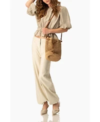 Ivonne Women's Puff Sleeve Peplum, Cinched Waist Crinkle Blouse