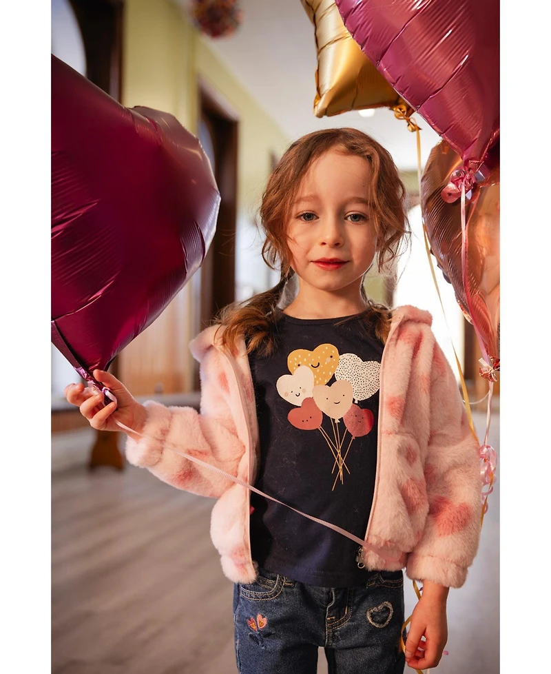 Deux par Baby Girl (12M - 24M) Hooded Full Zip Faux Fur Jacket Printed with Hearts