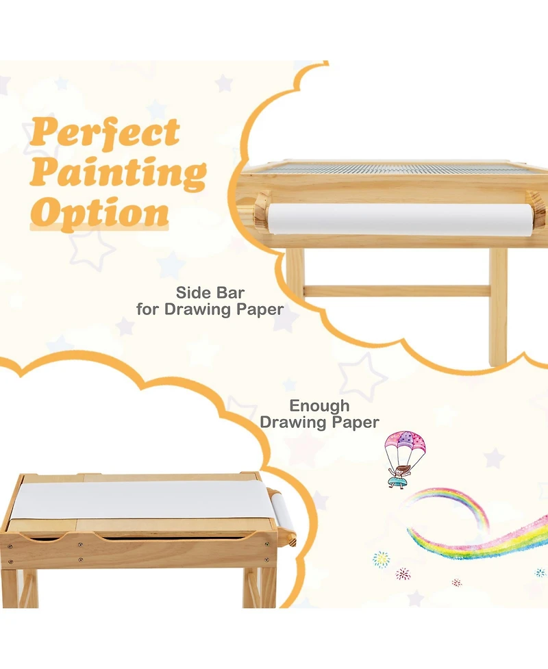 Kids Multi Activity Play Table Wooden Building Block Desk with Storage Paper Roll