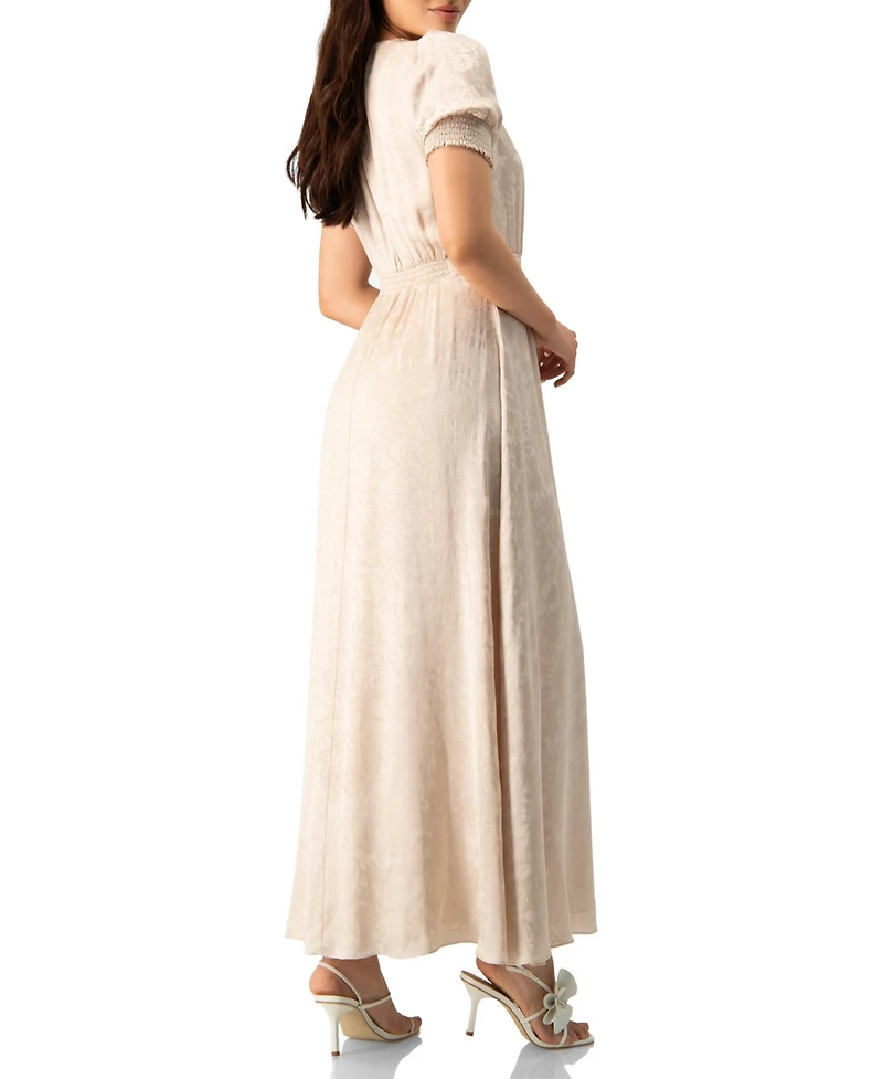Ivonne Women's Jacquard Satin Button-Front Maxi Dress with Puff Sleeve and Smocked Waist