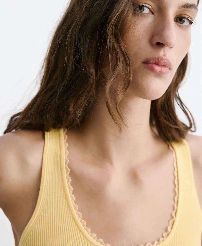Mango Women's Lace Detail Ribbed Top