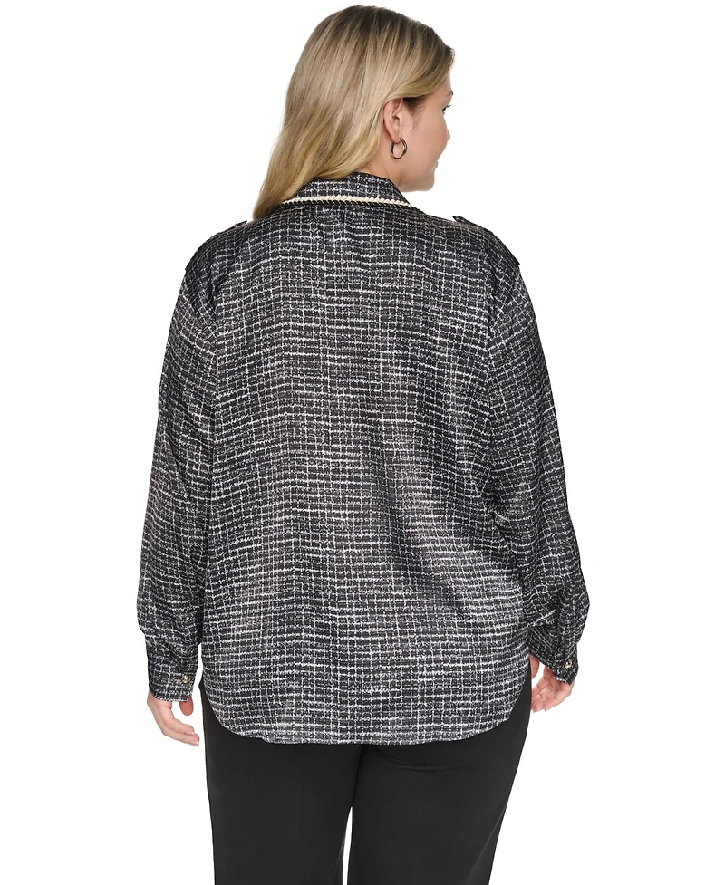 Karl Lagerfeld Paris Plus Tweed Print Collared Long-Sleeve Top