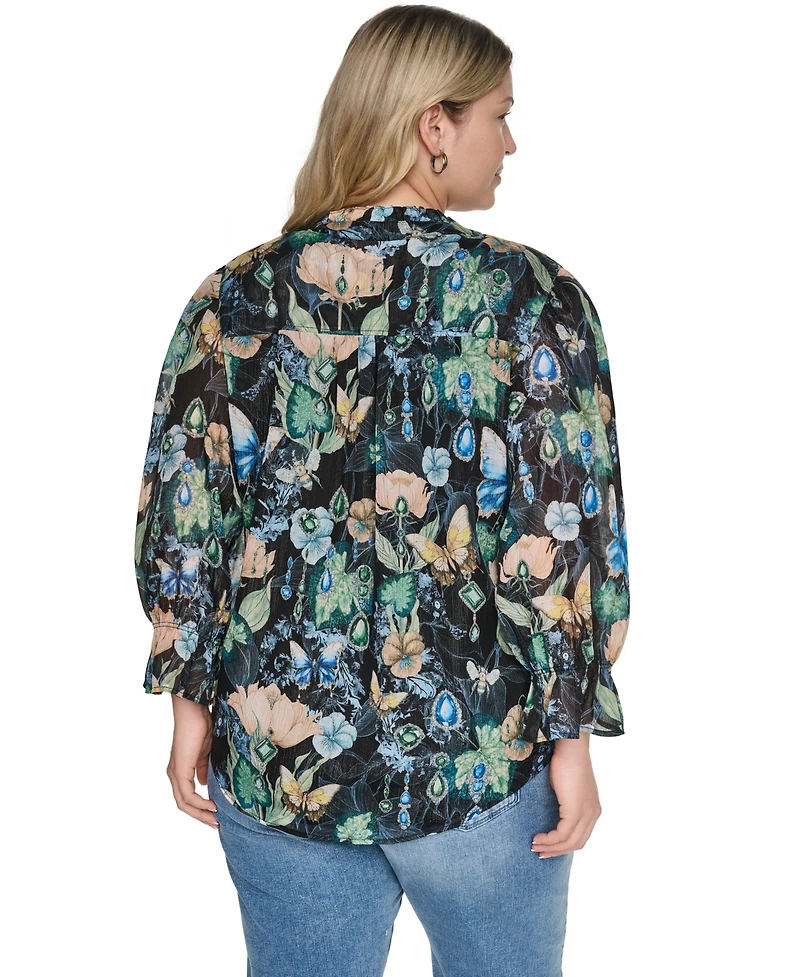 Karl Lagerfeld Paris Plus Printed Collared Long-Sleeve Top