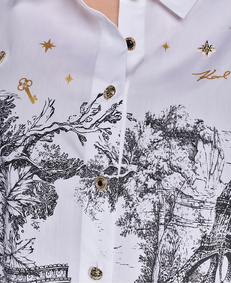 Karl Lagerfeld Paris Plus City Scene Poplin Collared Long-Sleeve Top
