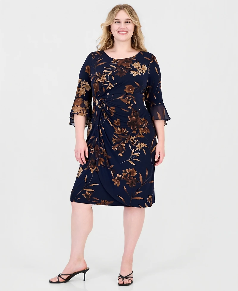 Connected Plus Floral-Print Wrap Bell-Sleeve Dress