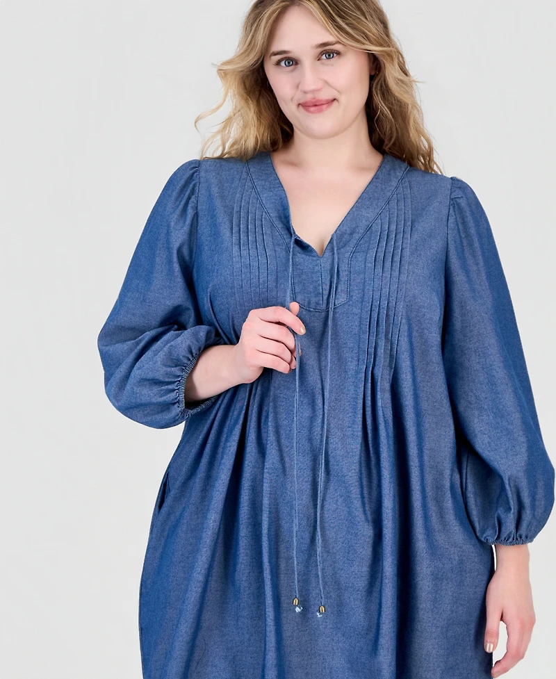 Robbie Bee Plus Denim V-Neck Long-Sleeve Shift Dress