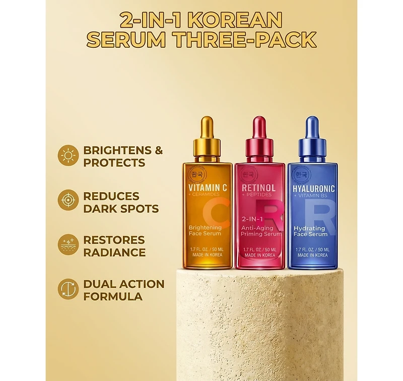 Lovery Korean Skincare Serum Set - Vitamin C, Retinol and Hyaluronic Acid Trio Face Serums