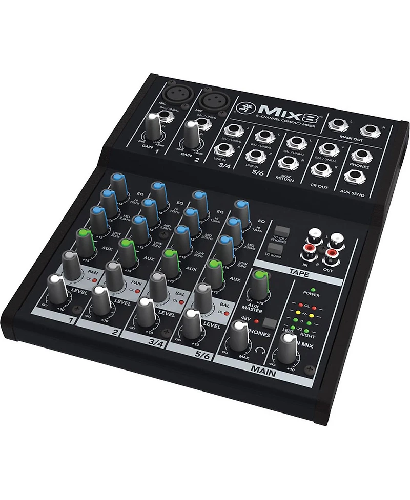 Mackie Mix8 8-Channel Compact Mixer, 20Hz to 30kHz Frequency Response, 3.8kOhms Mic-In / 1kOhms Tape Out / 22Ohms Phones Out Impedances, 2-Pin Dc