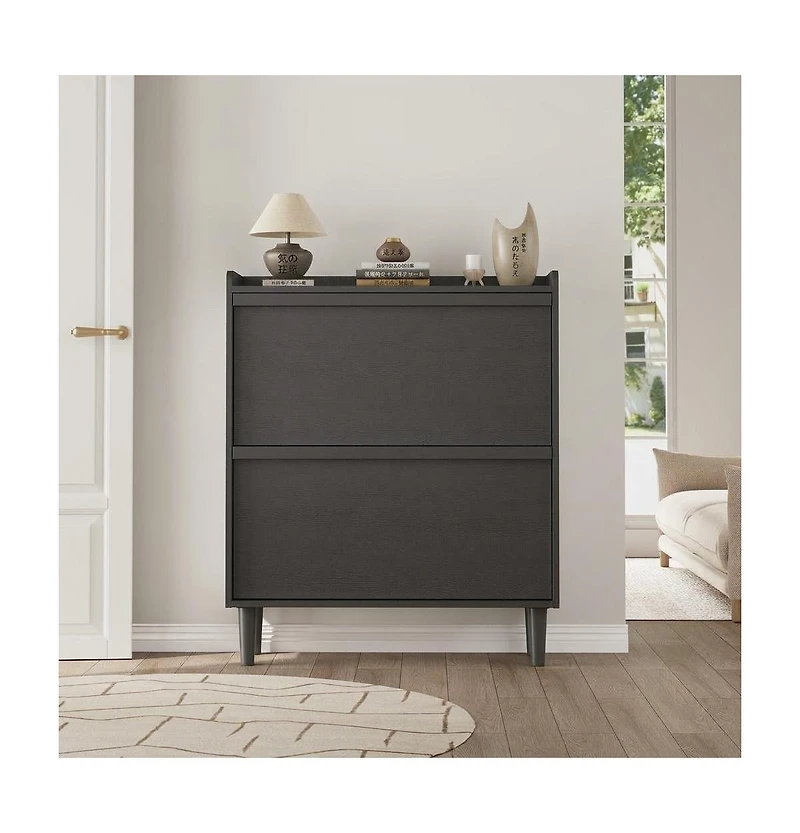 homfan 2 Flip Drawer Shoe Cabinet with Adjustable Shelf, Hidden Entryway Storage for Hallway, Living Room, Black or Oak Tone