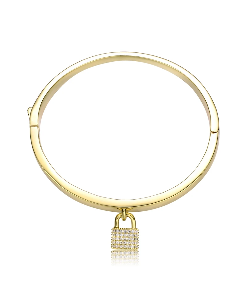 Rachel Glauber 14k Yellow Gold Plated with Cubic Zirconia Padlock Charm Stacking Bangle Bracelet