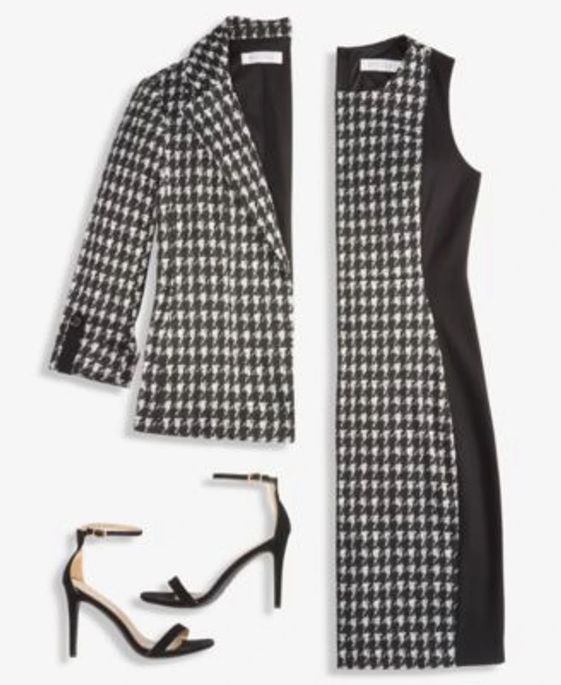Kasper Womens Check Print Open Seamed Jacket Crewneck Sleeveless Sheath Dress