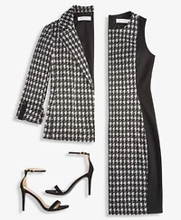 Kasper Womens Check Print Open Seamed Jacket Crewneck Sleeveless Sheath Dress